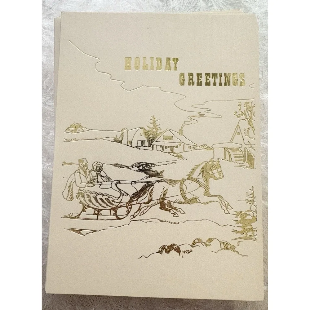 Vintage Craftmount Photo Frame Holiday Cards Gold Sleigh Gold Envelope Lot of 10